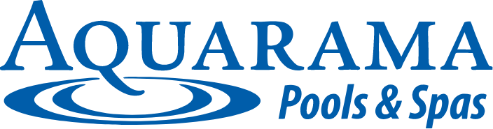 Logo for Aquarama Pools & Spas. The word Aquarama is in large blue serif font, with a design resembling water ripples below. Pools & Spas is in smaller blue font to the right.