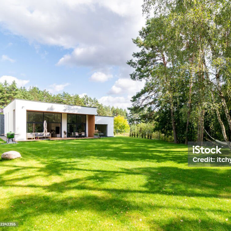 A modern, single-story white house with large windows is situated in a lush, green yard. A patio with outdoor furniture is visible. Trees border the property under a partly cloudy sky.